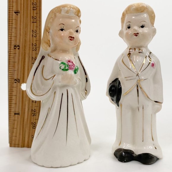Vintage Salt Pepper Shaker Set Bride Groom Wedding Cake Topper Couple Japan MCM - Picture 12 of 13